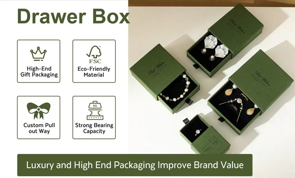 Jewelry drawer box packaging with pull-out rigid paper structure